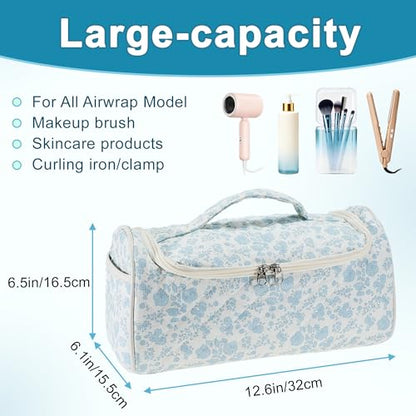 Quilted Travel Case Compatible, Toiletry Bag for Hair Curler Tools and Accessories, Hanging Case with Hook, White, Blue, 1 Pc - color: Blue Flowers