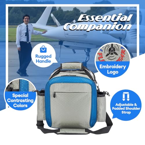 Pilot Flight Bag – Compact Aviation Headset & iPad/Tablet Bag with Multi-Pocket Storage, Shoulder Strap, Honeycomb Nylon (Gray/Blue)