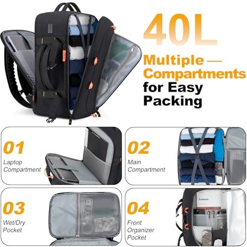 40L Travel Backpack 17.3" Laptop Carry On Duffel Flight Approved - color: Black