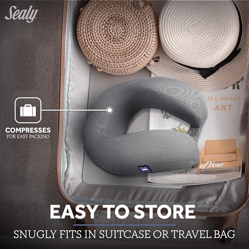 Sealy Ergonomic Memory Foam Travel Neck Pillow - Premium Cervical Neck Pillow for Airplanes, Designed for Comfort, Adaptive Ergonomic Support, Travel Essentials, Grey