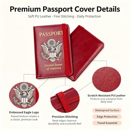 Premium Passport Holder for Travel RFID Blocking Passport Cover Slim - color: Red