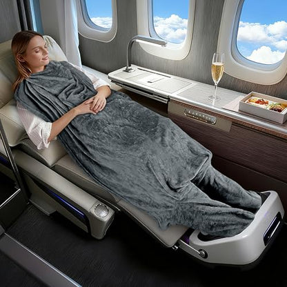 Tirrinia Travel Portable Blanket with Feet Pocket Airplane Office Poncho 4 in 1 - color: Grey, size: 50x70 inch