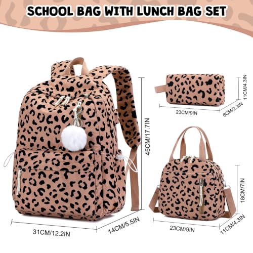 3PCS Corduroy Girls Backpack w/ Lunch Box & Pencil Bag (Brown Leopard) - color: Brown Leopard