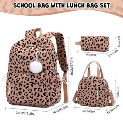 3PCS Corduroy Girls Backpack w/ Lunch Box & Pencil Bag (Brown Leopard) - color: Brown Leopard