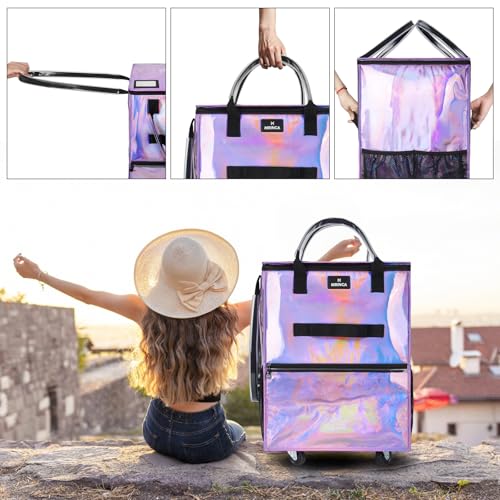 Reusable Grocery Bag On Wheels, 70L Foldable Rolling Tote with 6 Pockets - color: Gradient Purple, size: Medium