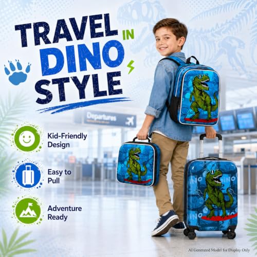 5PC Boys Luggage Set, Kids Dinosaur Suitcase, 16" Carry-On for Travel - color: 5PC Kids Luggage Set - Dinosaur Blue