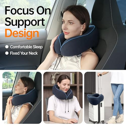 Travel Neck Pillow for Sleeping,100% Pure Memory Foam, Soft Head Support - color: Navy Blue