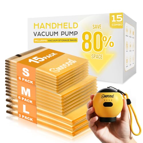 Travel Vacuum Bags with Pump, 15 Pack Vacuum Storage Bags for Clothing, Brushless Motor Type-C Rechargeable Pump, Compression Packing Bags for Travel, Suitcase, Closet and Home Storage, Yellow - color: Yellow