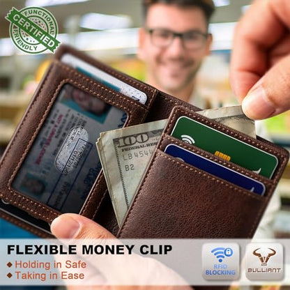 BULLIANT Slim Leather Wallet For Men 12Cards Magnetic Closure RFID Blocking - color: Forest Brown8784