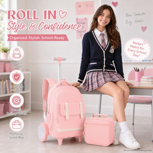 KLFVB Rolling Backpack for Women & Girls with Big Quiet-Glide Wheels, 3-in-1 Wheeled Commuter Set with Lunch Bag | Water-Resistant Roller Bookbag for Work, School, Travel - Pink - color: Girls Rolling Backpack with Big Wheels - Pink
