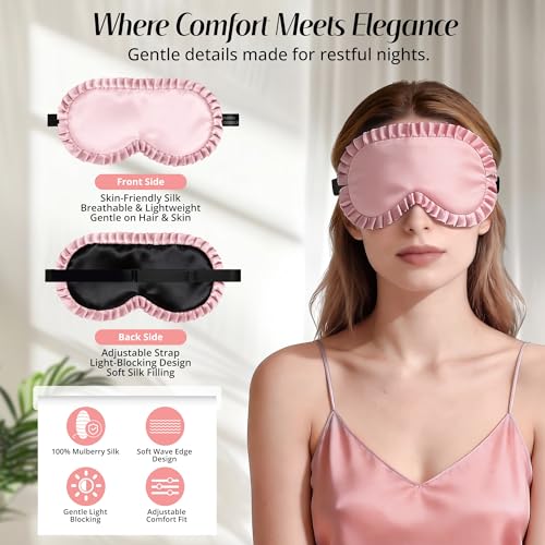 Silk Sleep Mask for Women, 100% Mulberry Silk Eye Mask for Light Blocking - color: Pinik