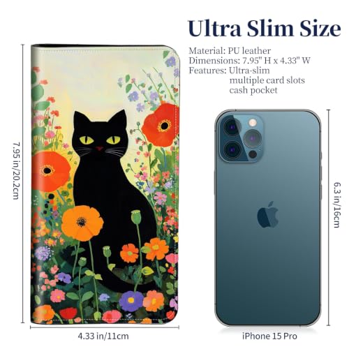 Passport Wallet for Women,Travel Wallet Passport Holder RFID Blocking - color: Black Cat Wildflower