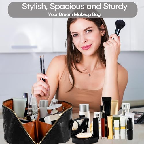 ALEXTINA Travel Makeup Bag, Checkered PU Leather Cosmetic Bag, Black - color: black, size: Medium