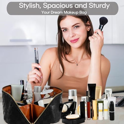 ALEXTINA Travel Makeup Bag, Checkered PU Leather Cosmetic Bag, Black - color: black, size: Medium