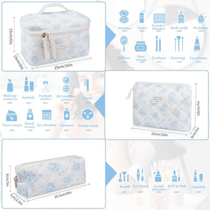 Gosect Makeup Bag Set, Quilted Makeup Bag, Large Floral Cosmetic Bag for Women, Cute Cotton Makeup Bags, Flower Travel Toiletry Organizer Bag (Blue Rose) - color: LMG