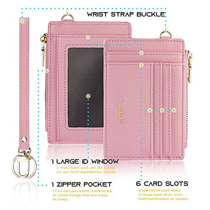 Wikavanli Women Slim Rfid Blocking Credit Card Case Holder Wristlet Zip ID Case Wallet Small Compact Leather Wallet Coin Purse with Keychain (Pink) - color: Pink