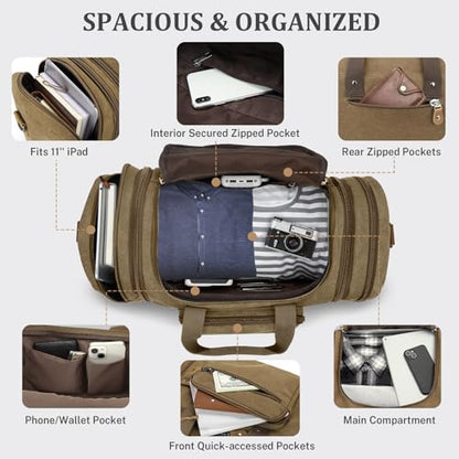 Gonex Canvas Duffle Bag, Expandable 60L Travel Overnight Weekender Bag - color: Coffee, size: X-Large-60L (With Toiletry Bag)