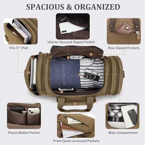 Gonex Canvas Duffle Bag, Expandable 60L Travel Overnight Weekender Bag - color: Coffee, size: X-Large-60L (Without Shoe Compartment)