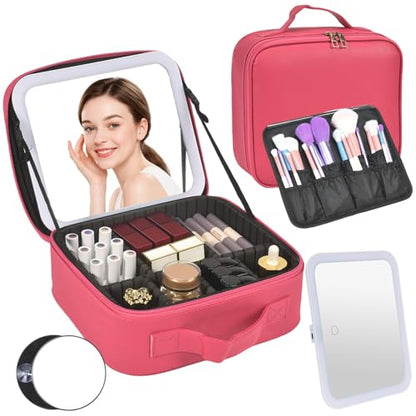 Travel Makeup Bag with Mirror & 8 Adjustable EVA Dividers, Rose Red - color: Rose Red-8 Dividers