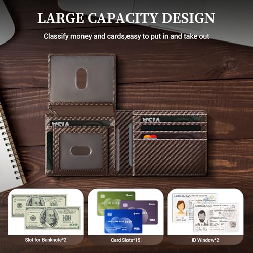 GNDR Wallet For Men RFID Blocking Coffee Leather Wallets Bifold Front Pocket Carbon Fiber Card Holder Mens Accessories With Gift Box - color: Coffee carbon fiber-02