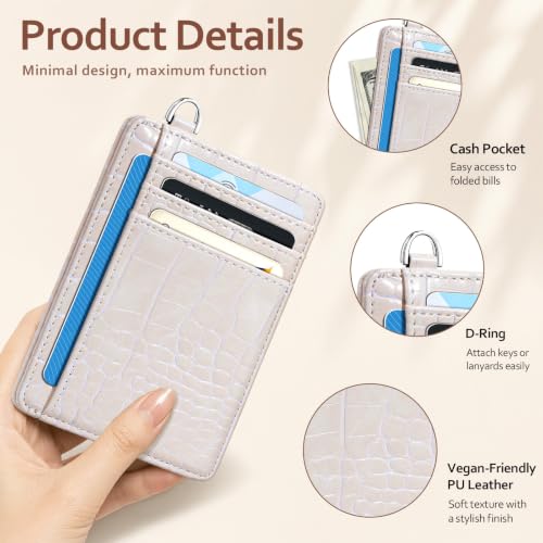 Coco Rossi Crocodile Wallet Women Slim Credit Card Holder with Keychain - color: A Beige Croc