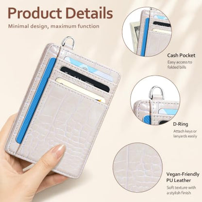 Coco Rossi Crocodile Wallet Women Slim Credit Card Holder with Keychain - color: A Beige Croc