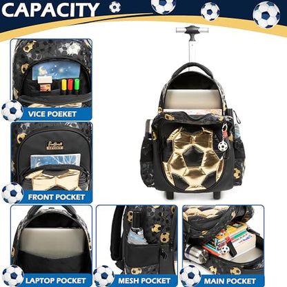 Meetbelify Rolling Backpack with Wheels for Boys Rolling Backpacks with Lunch Box Pencil Case for Elementary Students Kids Football Luggage Travel Suitcase for Boys 6-8 - color: Black Football