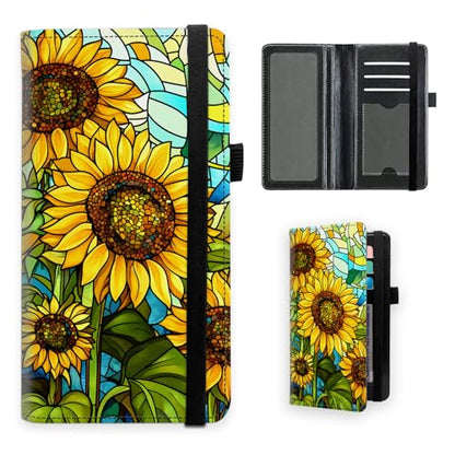 Stained Glass Sunflower Premium Leather Checkbook Cover for Men Women, Multi-Functional Long Wallet with RFID Blocking, Business Card Holder&Pen Loop Slim Design - color: Stained Glass Sunflower