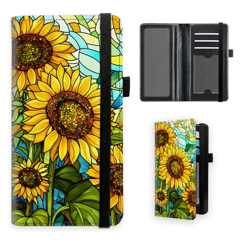 Stained Glass Sunflower Premium Leather Checkbook Cover for Men Women, Multi-Functional Long Wallet with RFID Blocking, Business Card Holder&Pen Loop Slim Design - color: Stained Glass Sunflower