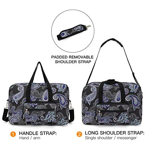 Foldable Travel Duffel Bag, Medium Women's Weekender and Overnight bag carry on Luggage bag for Women - color: Black Paisley