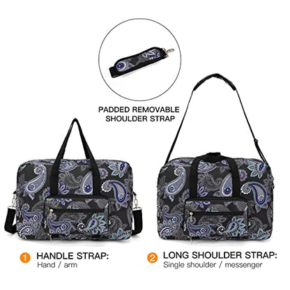 Foldable Travel Duffel Bag, Medium Women's Weekender and Overnight bag carry on Luggage bag for Women - color: Black Paisley