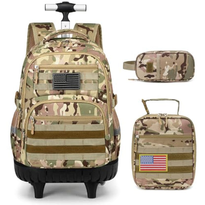 Boys Camo Rolling Backpack with Lunch Box Pencil Case | Kids Tactical Military Army Roller Backpack With Wheels Kindergarten Elementary School Bookbag Travel Camping, Khaki Camo - color: Khaki Camo