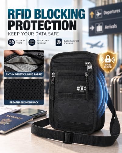 Passport Holder for Travel, RFID Blocking Neck Wallet, 9 Pockets - color: Black