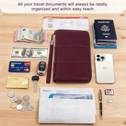 RFID Family Passport Holder Wallet - Travel Document Organizer - color: Wine Red
