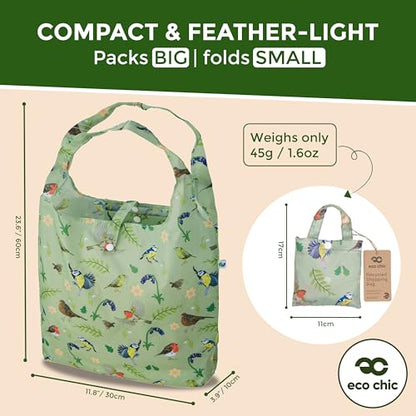 ECO CHIC Foldable Reusable Grocery Bags - Lightweight, Recycled & Reusable Shopping Bag - Waterproof Packable Tote - color: Rspb Birds Green