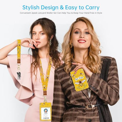2-in-1 ID Badge Holder & Lanyard Wallet，Cute Zippered Pouch Bee Kind - color: Bee Kind