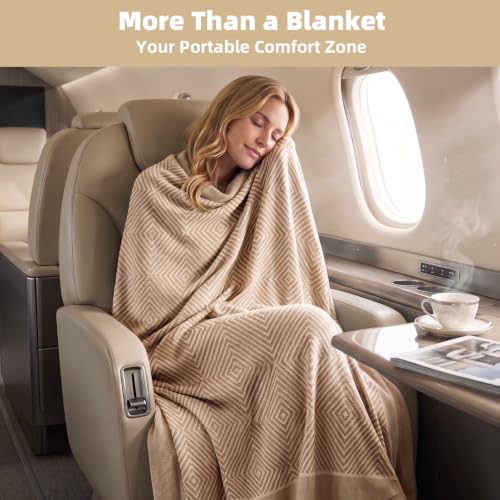 Travel Blanket Airplane - Ultra Soft & Lightweight Knit Design - color: Khaki, size: 51.2"x59.8"