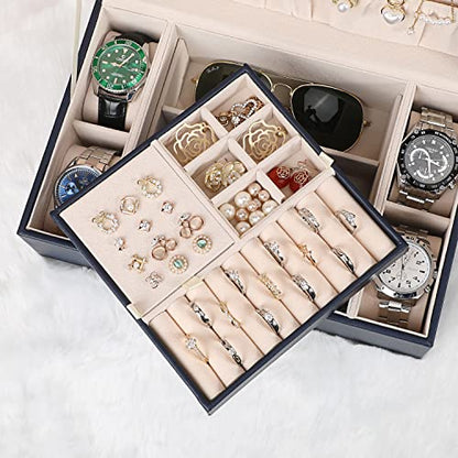 LANDICI 2-Layer Jewelry Box with 4 Watch Slots, Grey - color: Dark Blue