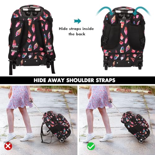 Tilami Rolling Backpack for Kids 19 inch with Lunch Bag Wheeled Laptop Backpack,Ice cream - color: Ice Cream