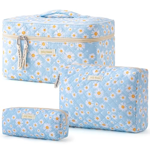 HBselect Quilted Makeup Bag, 3Pcs Cotton Large Travel Makeup Bags Organizer - color: A-3PCS-Daisy