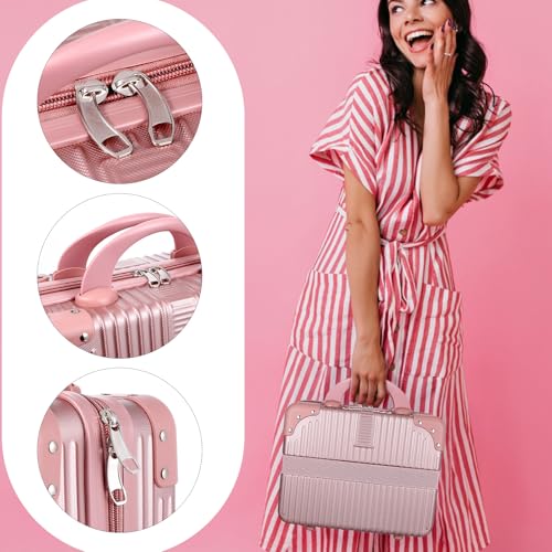 14 Inch Hard Shell Makeup Case, Portable Mini Makeup Suitcase for Hand Luggage with Elastic Band, Pressure-proof Makeup Carrying Case, Lightweight Small Hard Shell Cosmetic Travel Case (Champagne) - color: Champagne