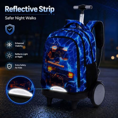 3Pcs Large Rolling Backpack for Boys, 20 Inch Detachable Wheeled Bookbag with Lunch Box, Durable Lightning Truck Roller Backpack for Elementary Middle School (Blue) - color: Large Wheels Truck Blue