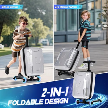 2-in-1 Folding Scooter Luggage for Kids & Adults, Ride-On Suitcase - color: silver