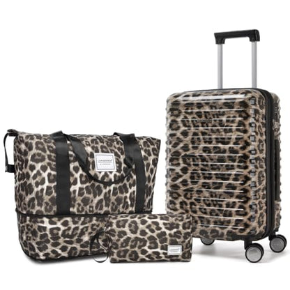 LARVENDER Expandable Carry on Luggage 20inch Suitcase with Wheels, Cheetah - color: Cheetah, size: 3 Piece Set (20/DB/TB)