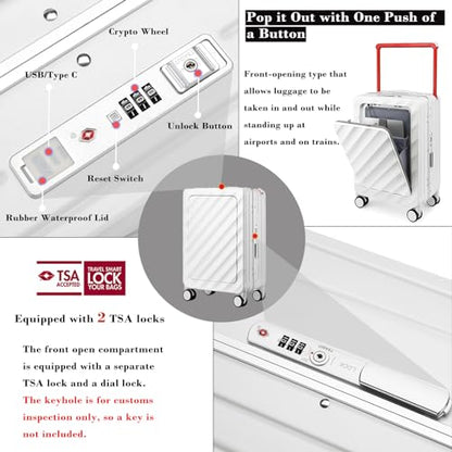 Somago Carry On Luggage Wide Handle 20 Inch Suitcase with Front Compartment Aluminum Framed PC Hardside 22x14x9 No Zipper Business Baggage with Spinner Wheels USB Charging Port TSA Lock - color: White, size: Front Open 20 inch