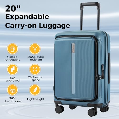 20-Inch Hardside Carry On Luggage Laptop Compartment, Expendable Suitcase - color: Pearl Blue