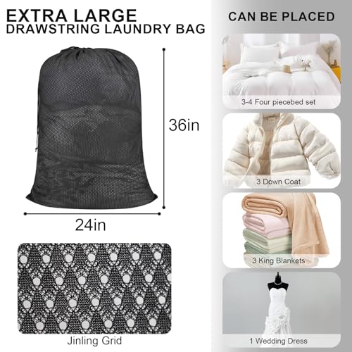 Mesh Laundry Bag, 24 x 36 in Heavy Duty Drawstring Wash Bag for Delicates, Reusable Machine Washable Sack for Home and Travel, Black - color: Black