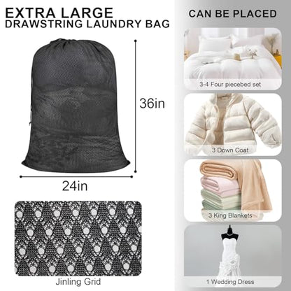 Mesh Laundry Bag, 24 x 36 in Heavy Duty Drawstring Wash Bag for Delicates, Reusable Machine Washable Sack for Home and Travel, Black - color: Black