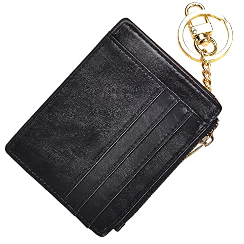 woogwin Slim RFID Credit Card Holder for Women Mini Front Pocket Wallet Purse With Keychain - color: Oil Black