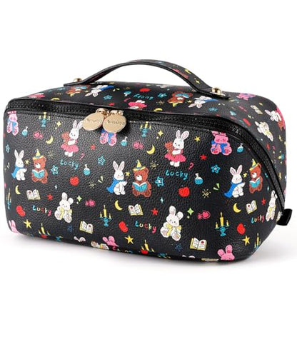 Aveniee Travel Makeup Bag for Women, Large Cosmetic Organizer with Open-Flat Design, Clear Divider & Handle - Waterproof PU Leather Toiletry Case (BunnyPattern) - style: Bunny Bear